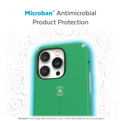 Back view of phone case with halo protecting it from bacteria - Microban antimicrobial product protection.#color_renew-green-sweater-grey