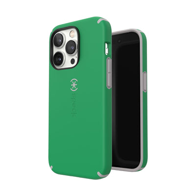 Three-quarter view of back of phone case simultaneously shown with three-quarter front view of phone case#color_renew-green-sweater-grey