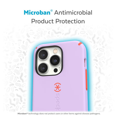 Back view of phone case with halo protecting it from bacteria - Microban antimicrobial product protection.#color_spring-purple-energy-red
