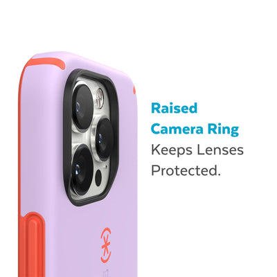 Slightly tilted view of side of phone case showing phone cameras - Raised camera ring keeps lenses protected.#color_spring-purple-energy-red