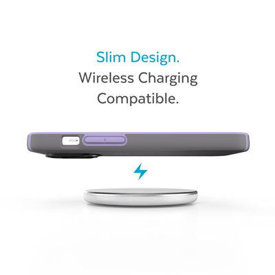 Side view of phone case hovering above a wireless charger - Slim design. Wireless charging compatible.#color_cloudy-grey-spring-purple