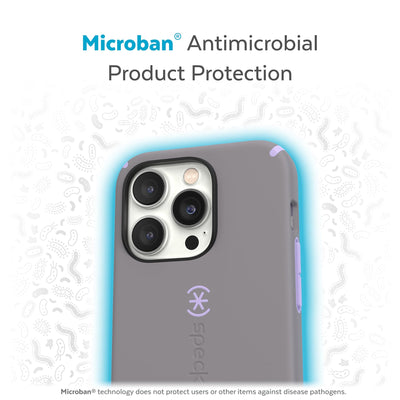 Back view of phone case with halo protecting it from bacteria - Microban antimicrobial product protection.#color_cloudy-grey-spring-purple