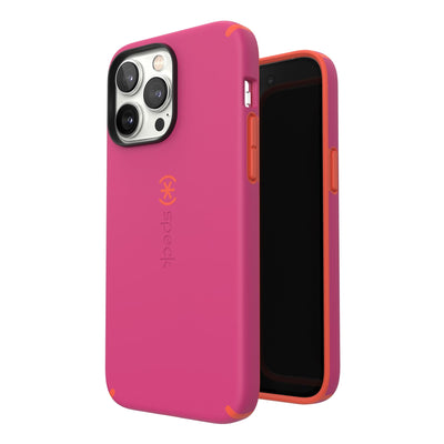 Three-quarter view of back of phone case simultaneously shown with three-quarter front view of phone case#color_digital-pink-energy-red
