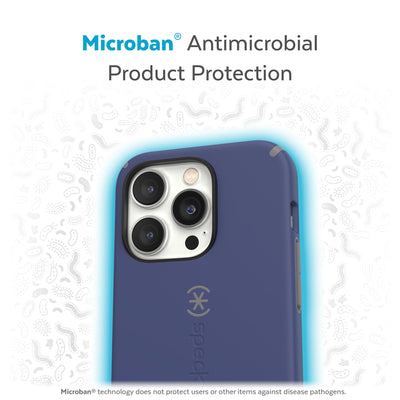 Back view of phone case with halo protecting it from bacteria - Microban antimicrobial product protection.#color_prussian-blue-cloudy-grey