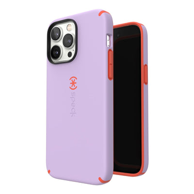 Three-quarter view of back of phone case simultaneously shown with three-quarter front view of phone case#color_spring-purple-energy-red
