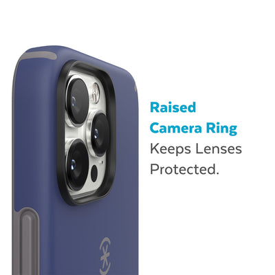 Slightly tilted view of side of phone case showing phone cameras - Raised camera ring keeps lenses protected.#color_prussian-blue-cloudy-grey