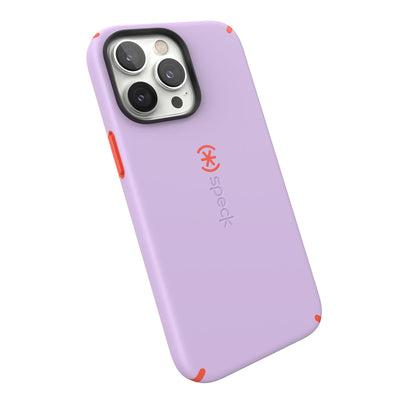 Tilted three-quarter angled view of back of phone case#color_spring-purple-energy-red