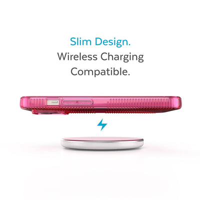 Side view of phone case hovering above a wireless charger - Slim design. Wireless charging compatible.#color_dream-pink-tint