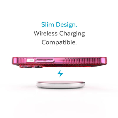 Side view of phone case hovering above a wireless charger - Slim design. Wireless charging compatible.#color_dream-pink-tint