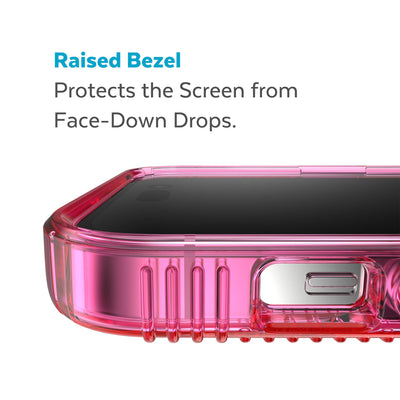 View of top of phone case laying on its back - Raised bezel protects the screen from face-down drops.#color_dream-pink-tint