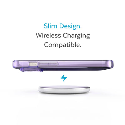 Side view of phone case hovering above a wireless charger - Slim design. Wireless charging compatible.#color_amethyst-tint