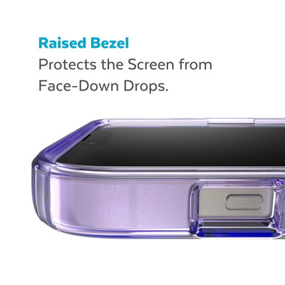 View of top of phone case laying on its back - Raised bezel protects the screen from face-down drops.#color_amethyst-tint