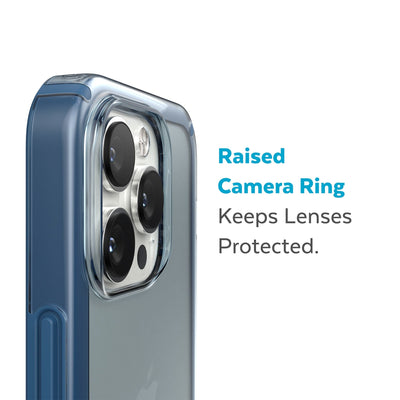 Slightly tilted view of side of phone case showing phone cameras - Raised camera ring keeps lenses protected.#color_glass-navy-winter-navy