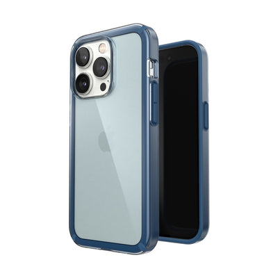 Three-quarter view of back of phone case simultaneously shown with three-quarter front view of phone case#color_glass-navy-winter-navy