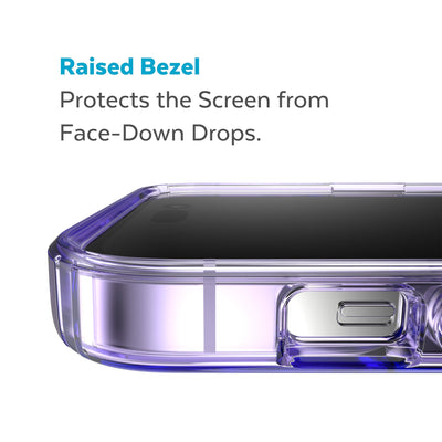 View of top of phone case laying on its back - Raised bezel protects the screen from face-down drops.#color_amethyst-tint