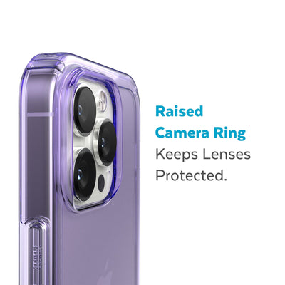 Slightly tilted view of side of phone case showing phone cameras - Raised camera ring keeps lenses protected.#color_amethyst-tint