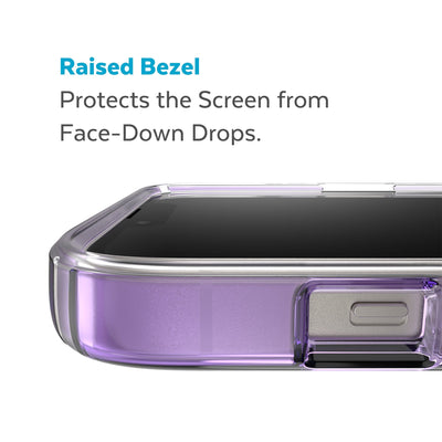 View of top of phone case laying on its back - Raised bezel protects the screen from face-down drops.#color_amethyst-purple-fade-clear