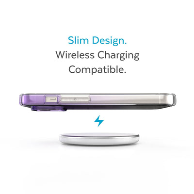 Side view of phone case hovering above a wireless charger - Slim design. Wireless charging compatible.#color_amethyst-purple-fade-clear
