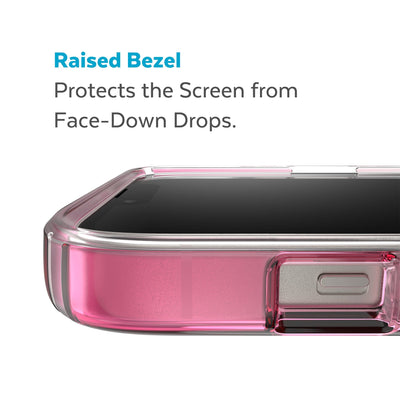View of top of phone case laying on its back - Raised bezel protects the screen from face-down drops.#color_digital-pink-fade-clear