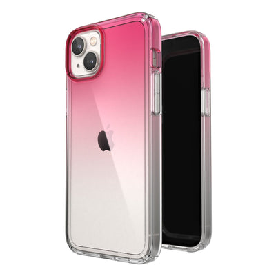 Three-quarter view of back of phone case simultaneously shown with three-quarter front view of phone case#color_digital-pink-fade-clear
