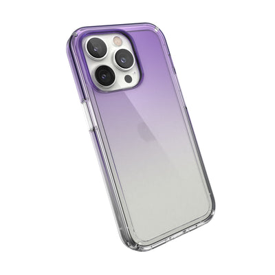 Tilted three-quarter angled view of back of phone case#color_amethyst-purple-fade-clear