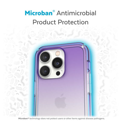 Back view of phone case with halo protecting it from bacteria - Microban antimicrobial product protection.#color_amethyst-purple-fade-clear