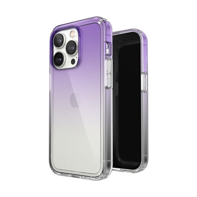 Three-quarter view of back of phone case simultaneously shown with three-quarter front view of phone case#color_amethyst-purple-fade-clear