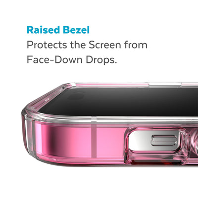 View of top of phone case laying on its back - Raised bezel protects the screen from face-down drops.#color_digital-pink-fade-clear