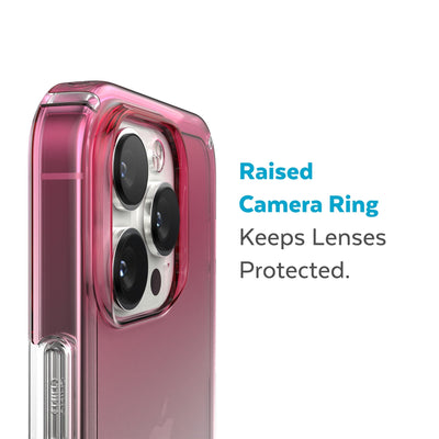 Slightly tilted view of side of phone case showing phone cameras - Raised camera ring keeps lenses protected.#color_digital-pink-fade-clear