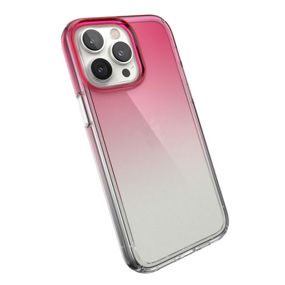 Tilted three-quarter angled view of back of phone case#color_digital-pink-fade-clear