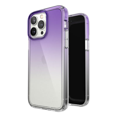 Three-quarter view of back of phone case simultaneously shown with three-quarter front view of phone case#color_amethyst-purple-fade-clear