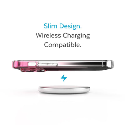 Side view of phone case hovering above a wireless charger - Slim design. Wireless charging compatible.#color_digital-pink-fade-clear
