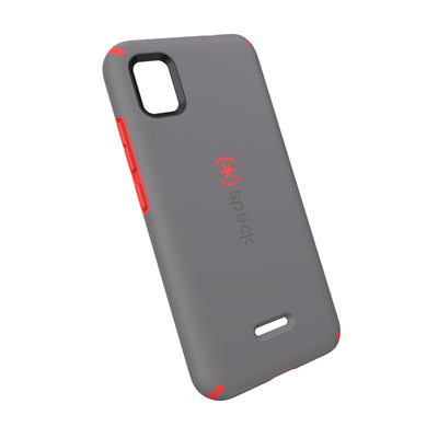 Tilted three-quarter angled view of back of phone case#color_moody-grey-turbo-red