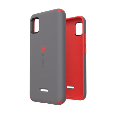 Three-quarter view of back of phone case simultaneously shown with three-quarter front view of phone case#color_moody-grey-turbo-red