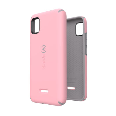 Three-quarter view of back of phone case simultaneously shown with three-quarter front view of phone case#color_rosy-pink-cathedral-grey