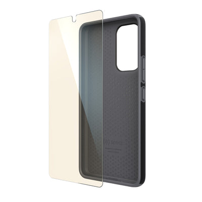 Three-quarter view of case standing with screen protector floating above