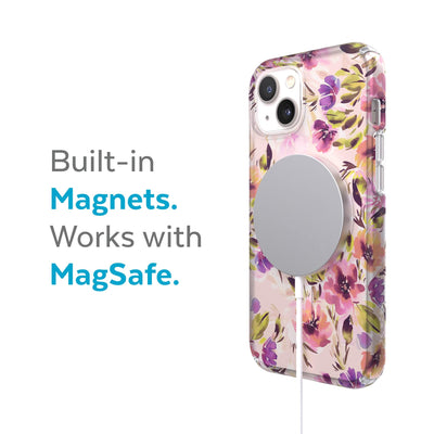 Three-quarter view of back of phone case with MagSafe charger attached - Built-in magnets. Works with MagSafe.#color_brushed-floral