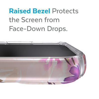 View of top of phone case laying on its back - Raised bezel protects the screen from face-down drops.#color_brushed-floral
