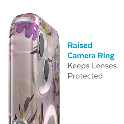 Slightly tilted view of side of phone case showing phone cameras - Raised camera ring keeps lenses protected.#color_brushed-floral