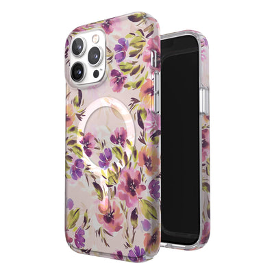 Three-quarter view of back of phone case simultaneously shown with three-quarter front view of phone case#color_brushed-floral