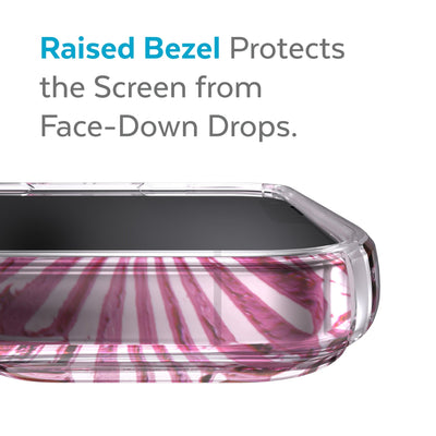 View of top of phone case laying on its back - Raised bezel protects the screen from face-down drops.#color_heart-of-glass