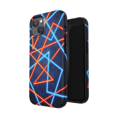 Three-quarter view of back of phone case simultaneously shown with three-quarter front view of phone case#color_electric-feel