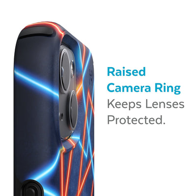 Slightly tilted view of side of phone case showing phone cameras - Raised camera ring keeps lenses protected.#color_electric-feel