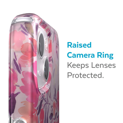 Slightly tilted view of side of phone case showing phone cameras - Raised camera ring keeps lenses protected.#color_clear-fall-floral
