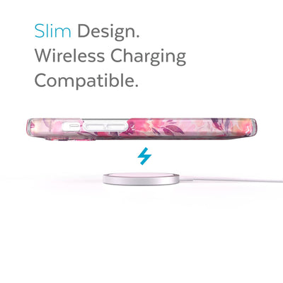 Side view of phone case over wireless charger - Slim design. Wireless charging compatible.#color_clear-fall-floral