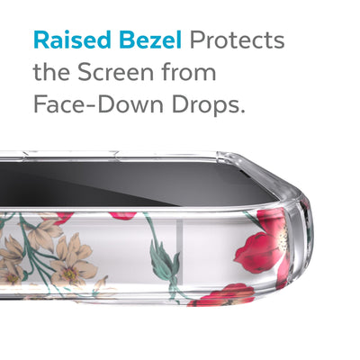 View of top of phone case laying on its back - Raised bezel protects the screen from face-down drops.#color_clear-floral-vine