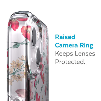 Slightly tilted view of side of phone case showing phone cameras - Raised camera ring keeps lenses protected.#color_clear-floral-vine