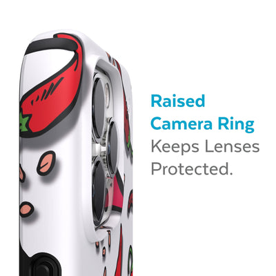 Slightly tilted view of side of phone case showing phone cameras - Raised camera ring keeps lenses protected.#color_spice-it-up
