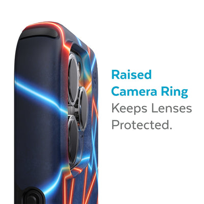 Slightly tilted view of side of phone case showing phone cameras - Raised camera ring keeps lenses protected.#color_electric-feel