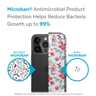 Back view, half without case, other with case, less germs on case - Microban antimicrobial product protection helps reduce bacteria growth up to 99%.#color_clear-floral-vine